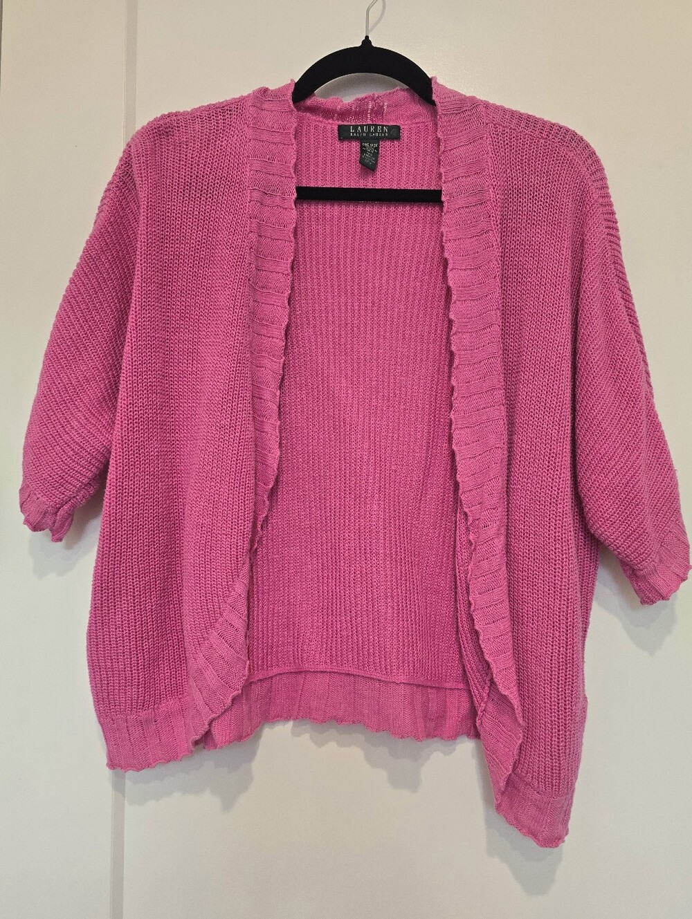Ralph Lauren Bright Pink Open-Front Knit Cardigan Linen Cotton Short Sleeve